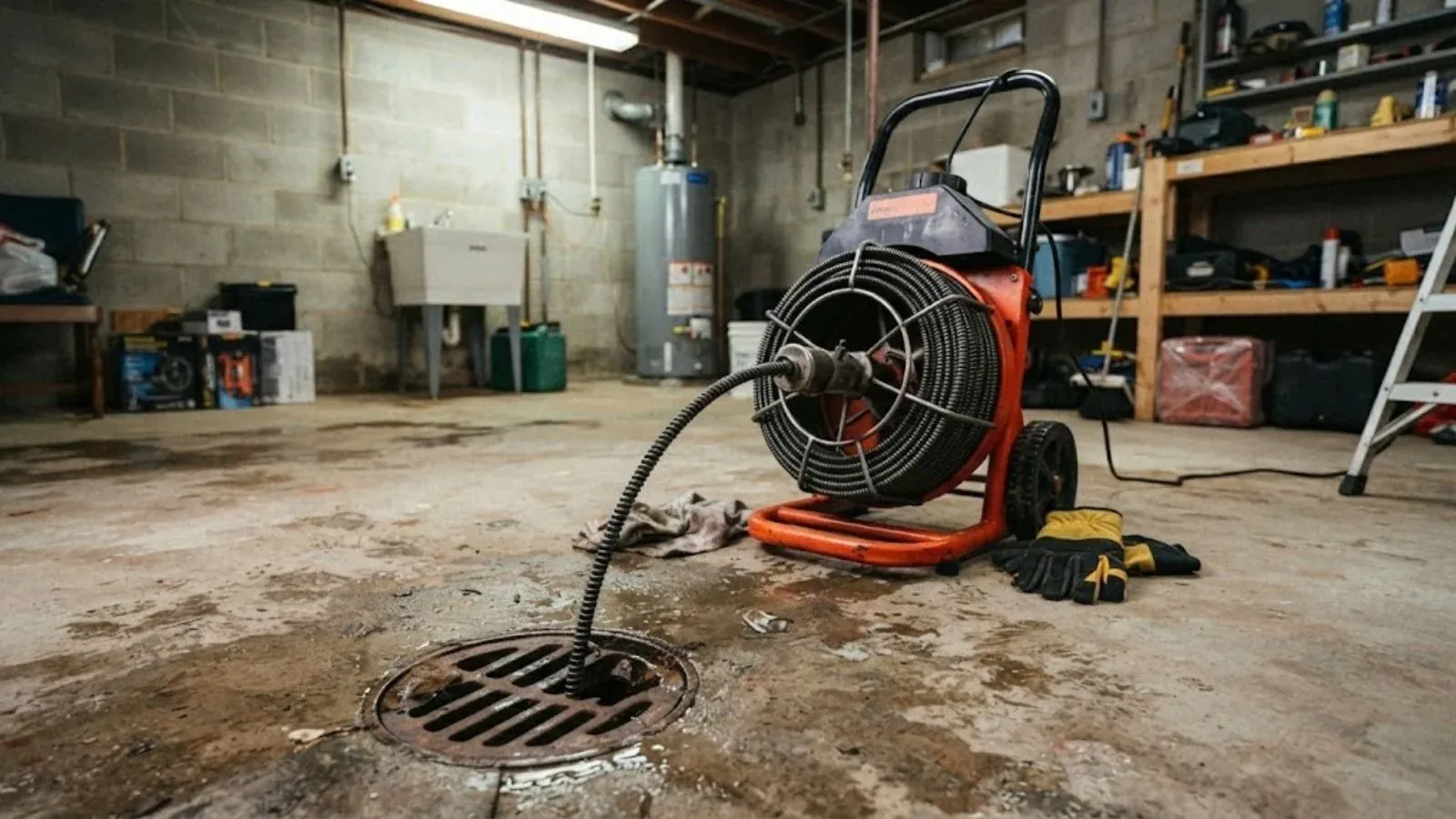 Drain machine feeding a cable into a floor drain in a garage