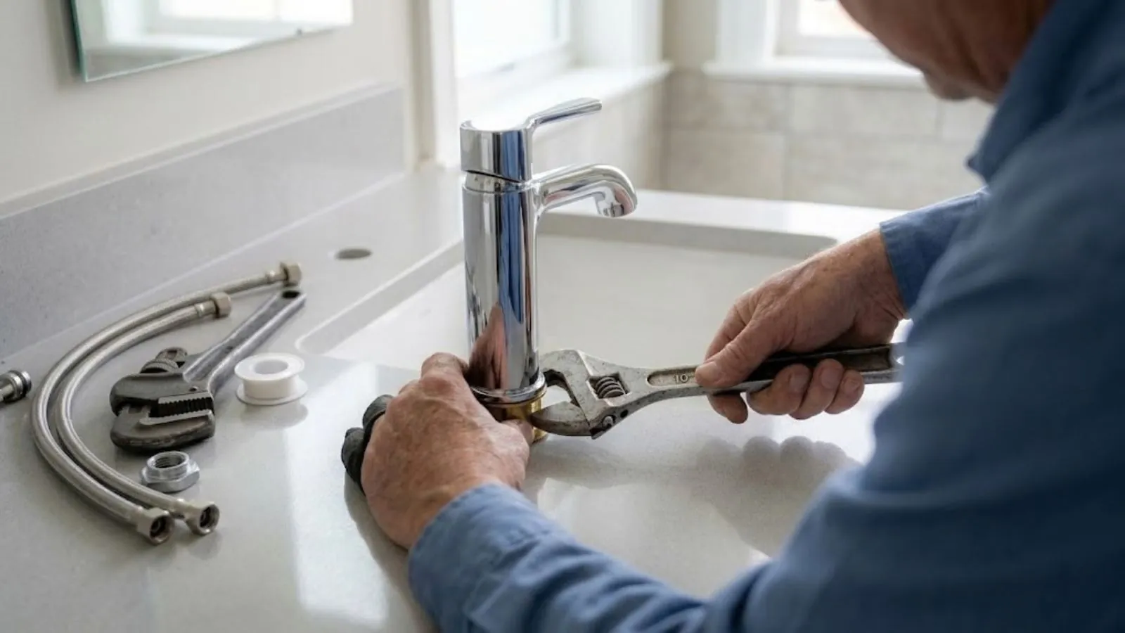 Hands using an adjustable wrench to replace a bathroom faucet with new supply lines
