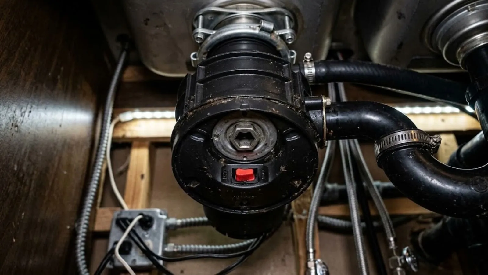 Garbage disposal mounted under a kitchen sink with drain connections