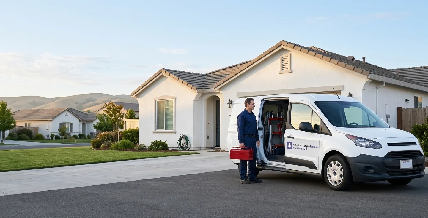 American Canyon Express Plumbing service van and plumber outside a home in American Canyon, CA