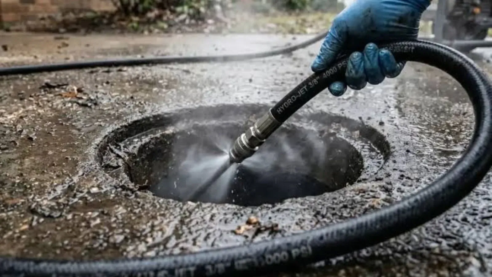 Hydro jetting hose with a spray nozzle cleaning out a drain opening