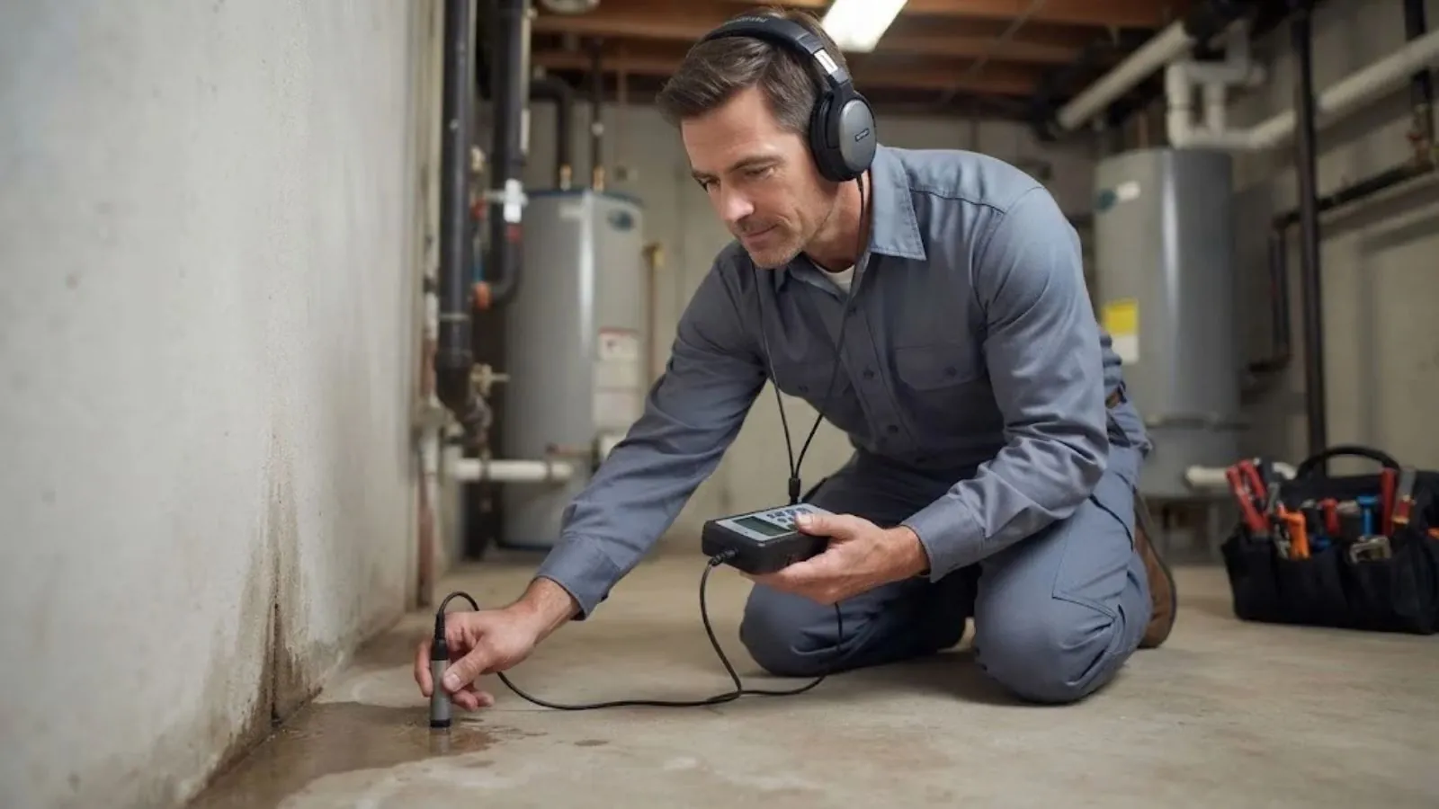 Technician wearing headphones using an acoustic leak detector beside a basement wall