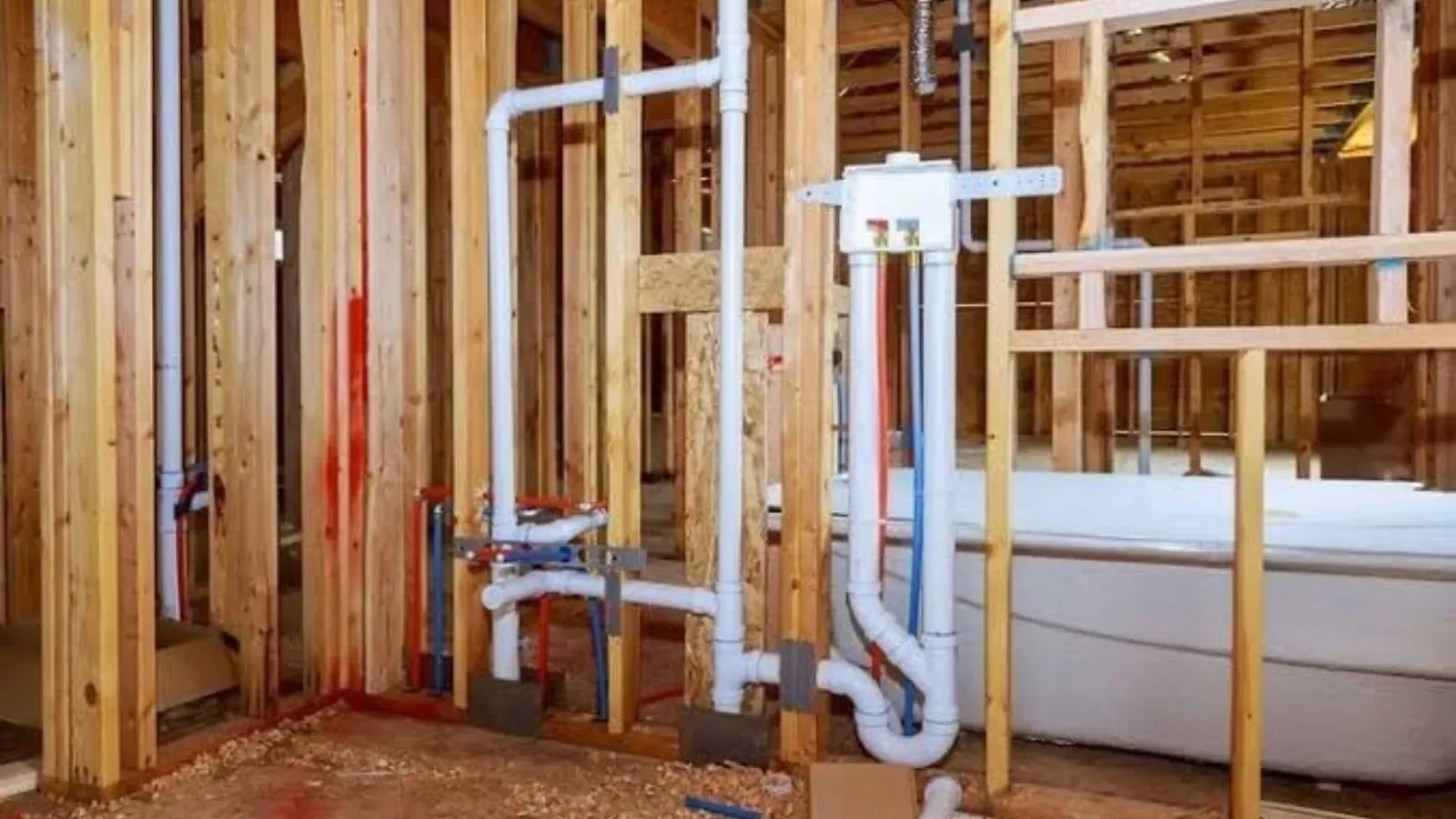 New plumbing rough-in with white drain pipes in a framed bathroom wall