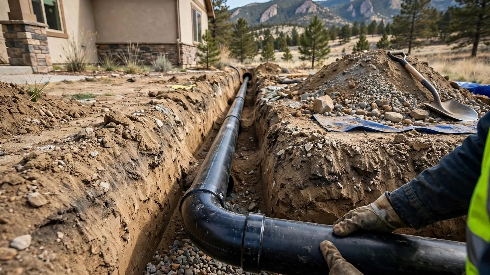 New black sewer pipe laid in an open trench beside a house