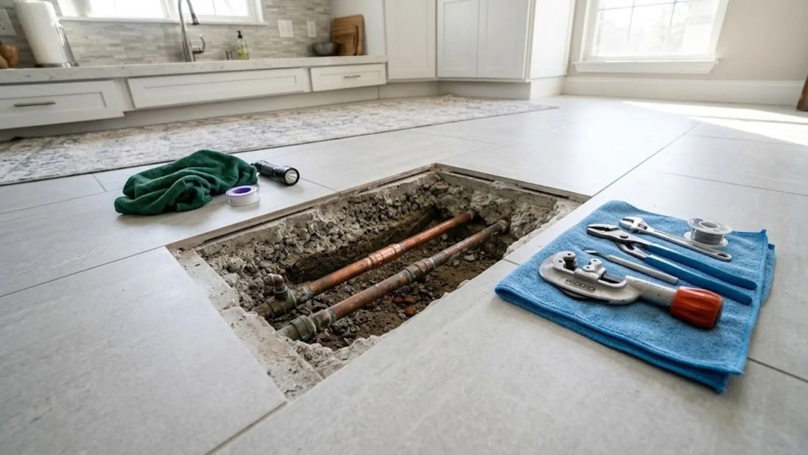 Opening cut in a tile floor exposing pipes beneath the slab, with plumbing tools on a towel