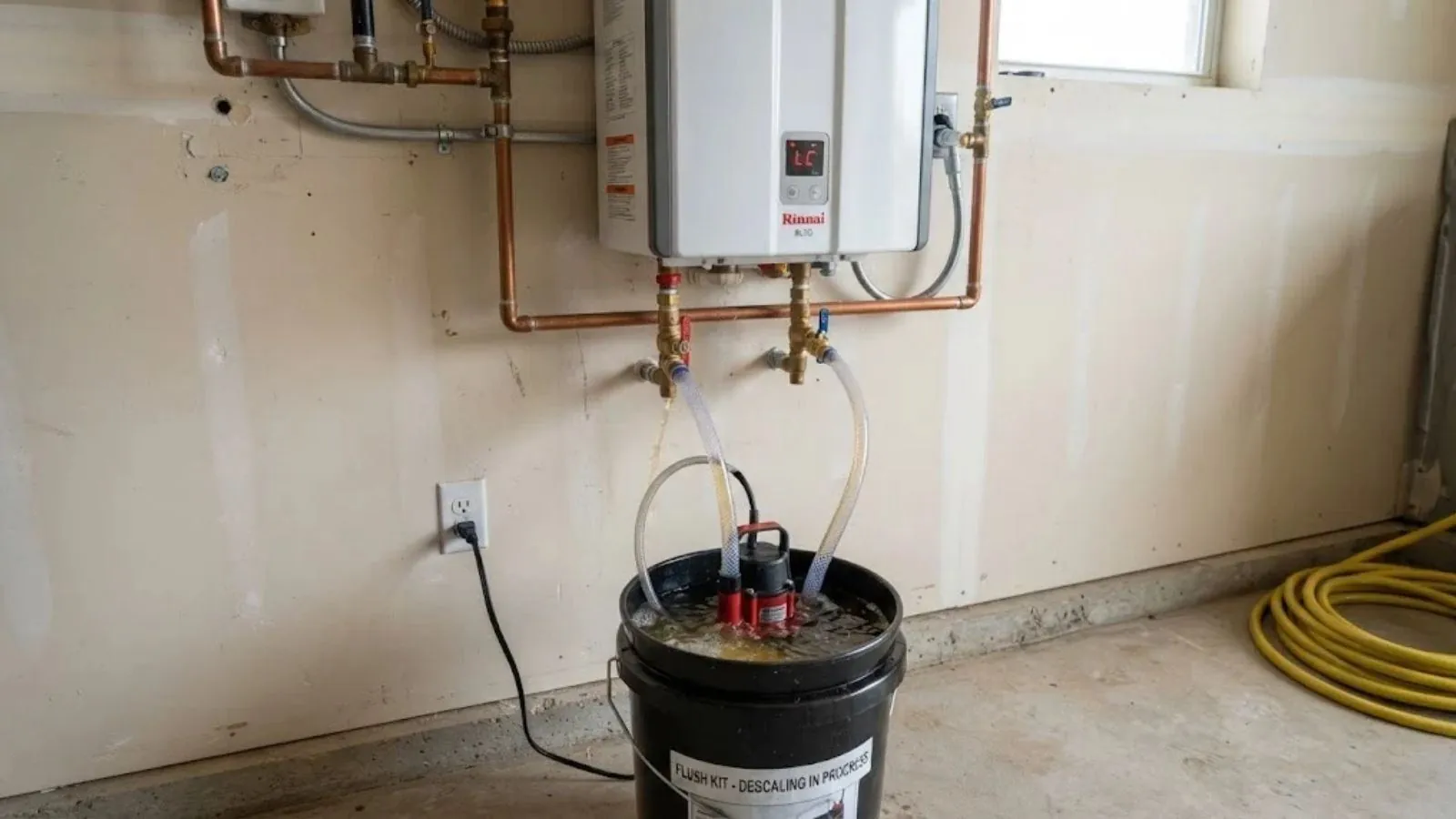 Tankless water heater being flushed into a bucket for descaling