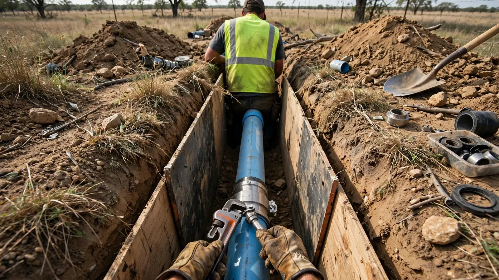 Worker in an open trench connecting a blue water service line