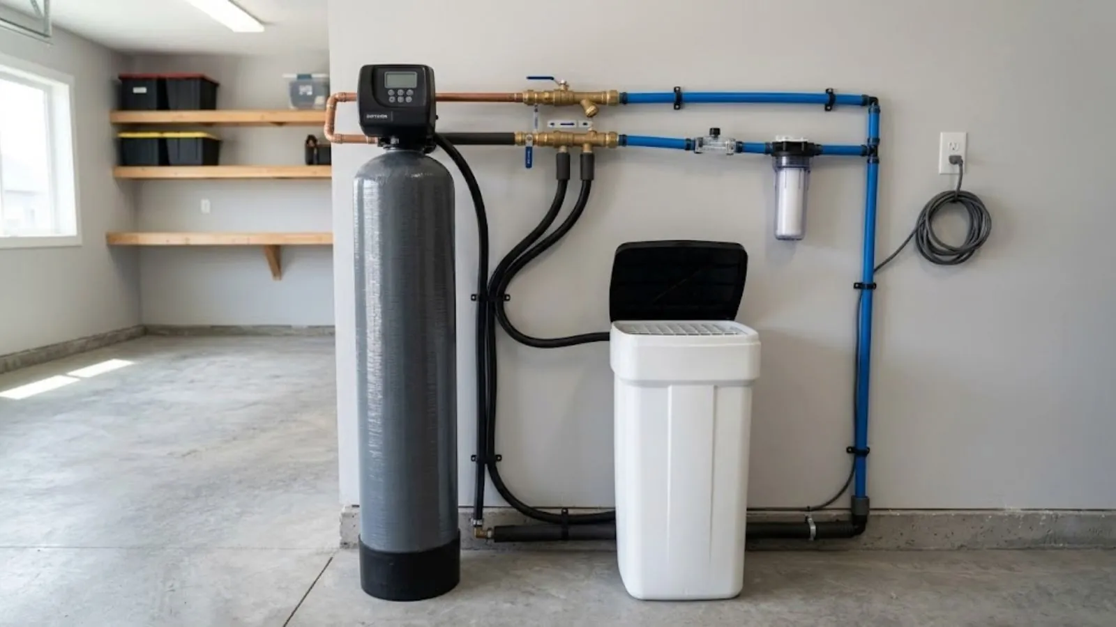 Water softener tank and brine tank connected to a home water line